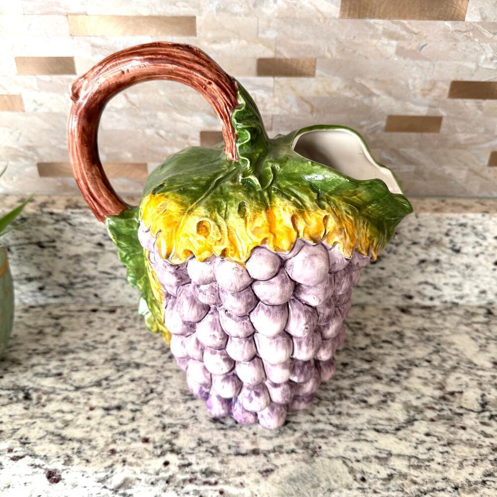 Grapes Pitcher Made in Italy Vintage Marked Grape Vine Handle Purple Brown